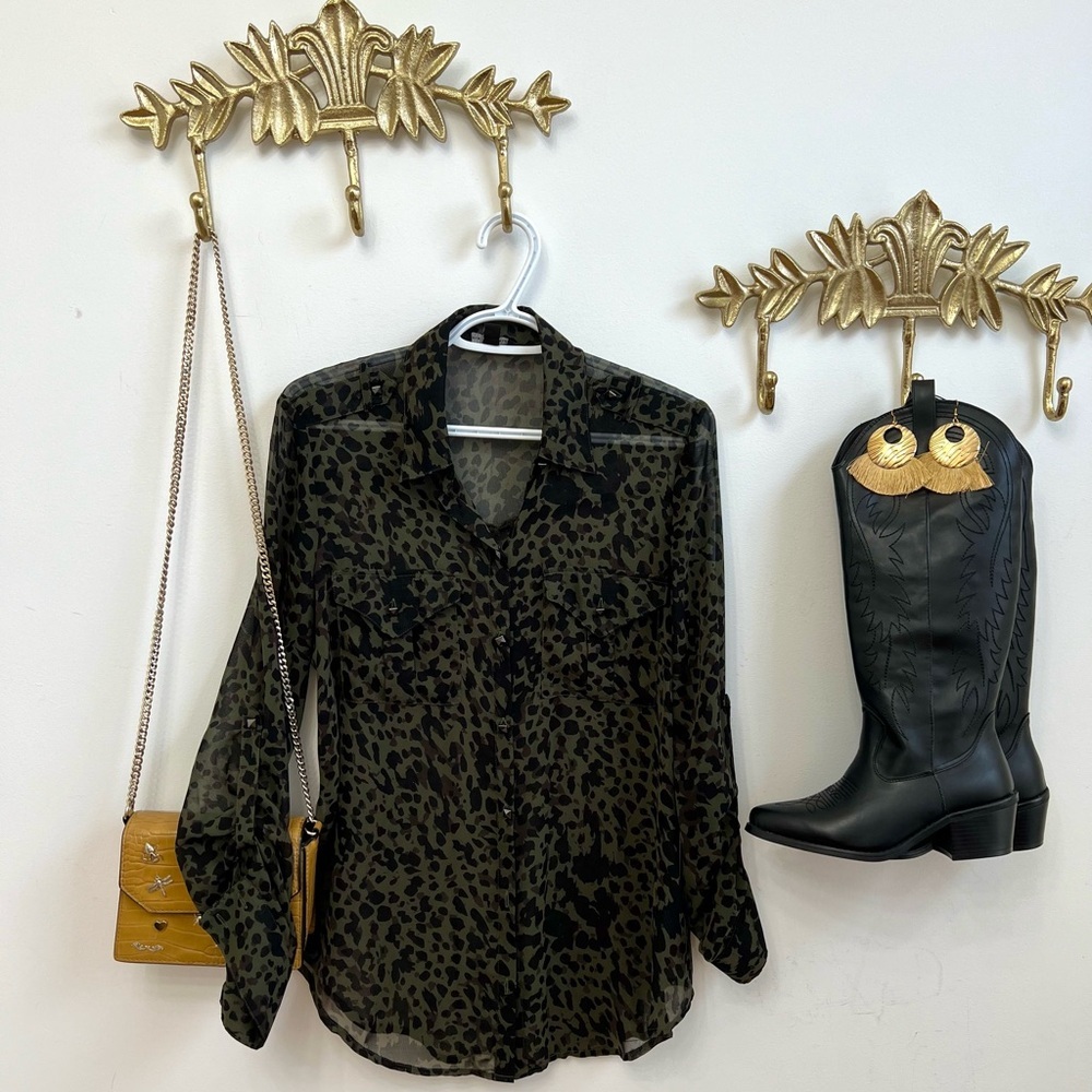 Rock & Republic Leopard Print Blouse - Black and Olive